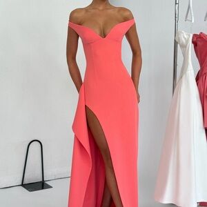 Chic Coral Off-Shoulder Maxi Dress